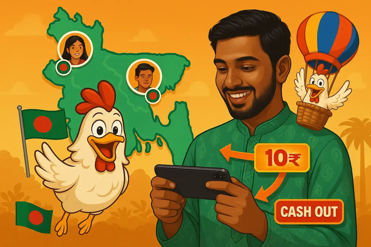 Smiling man from Bangladesh playing a casino game on mobile, with chicken and player locations on the map.