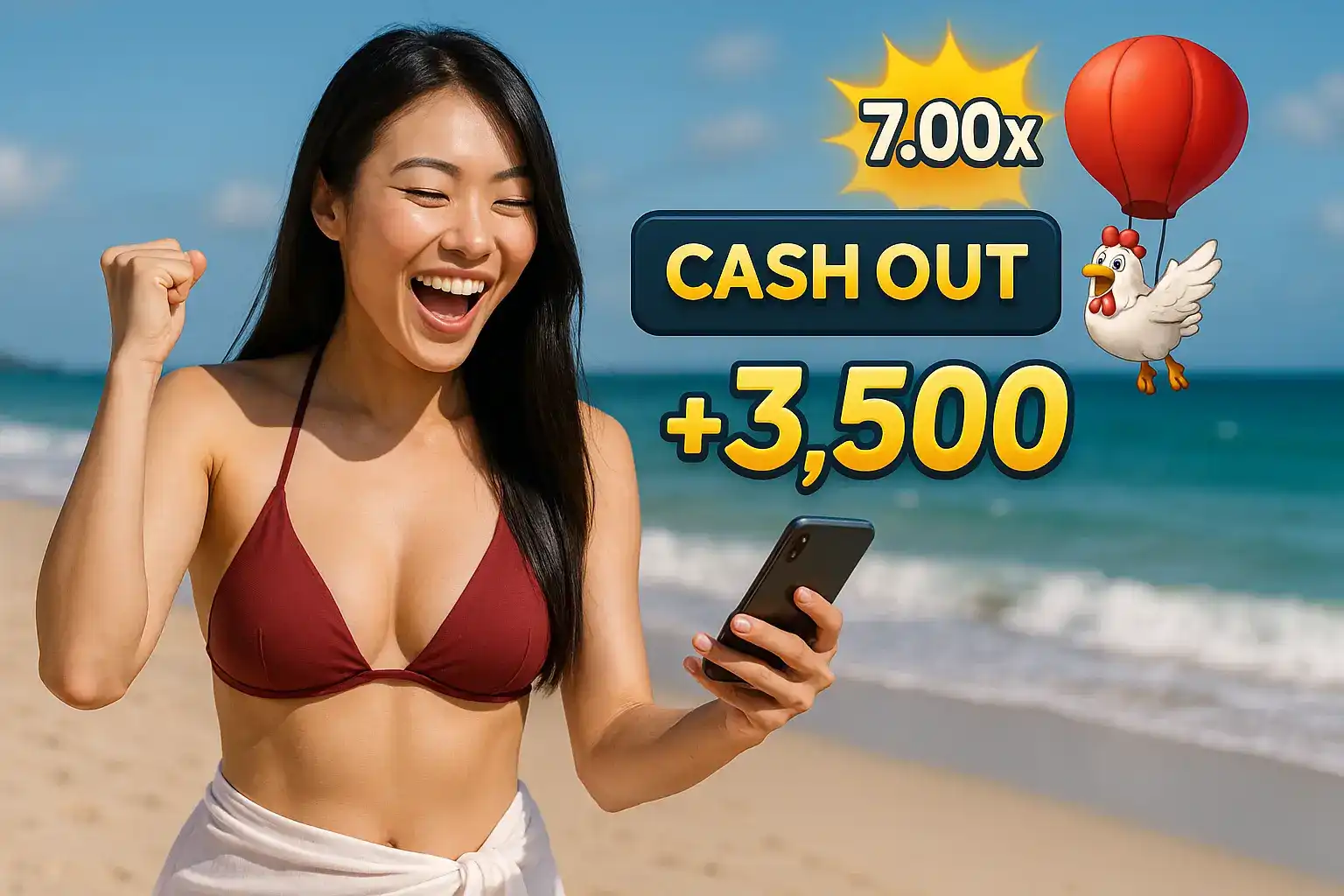 Excited woman on the beach celebrating a 7.00x casino cashout with ₹3,500 winnings and balloon chicken.