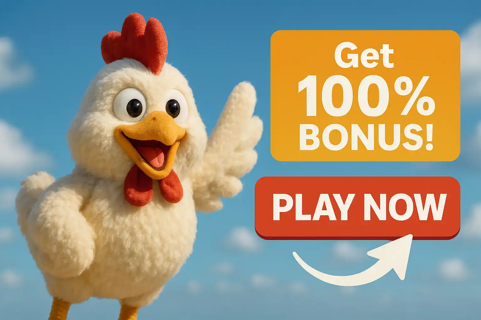 3D cartoon chicken promoting 100% bonus with 'Play Now' call-to-action on a bright sky background.