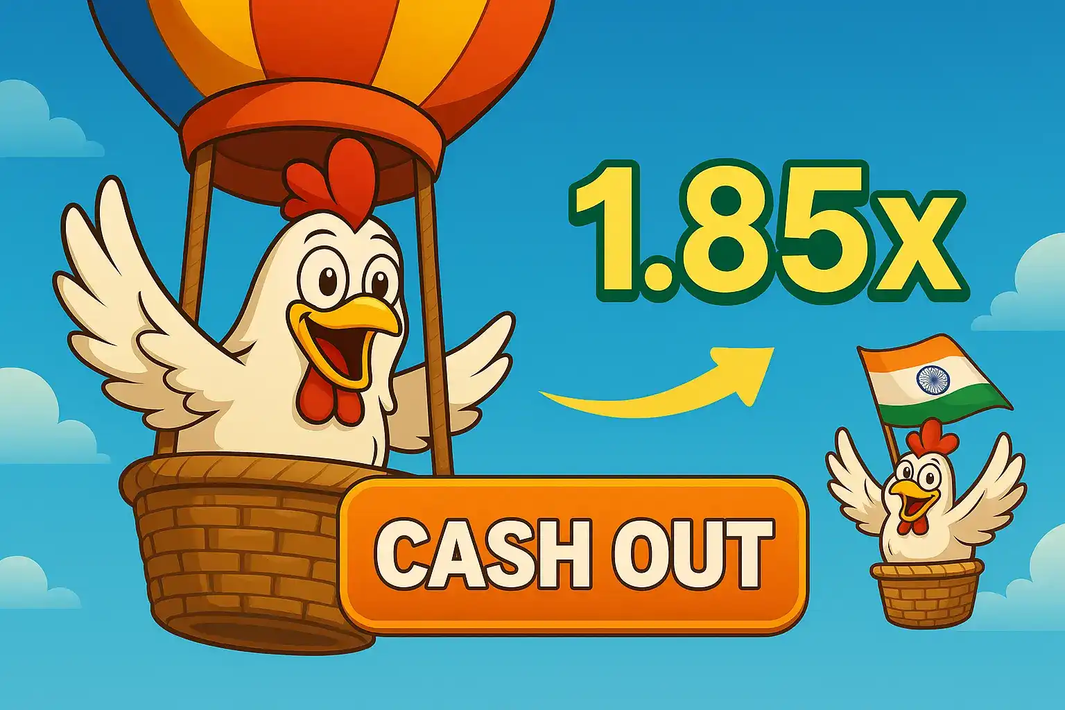 Cartoon chicken in a hot air balloon cashing out at 1.85x with Indian flag in the background.