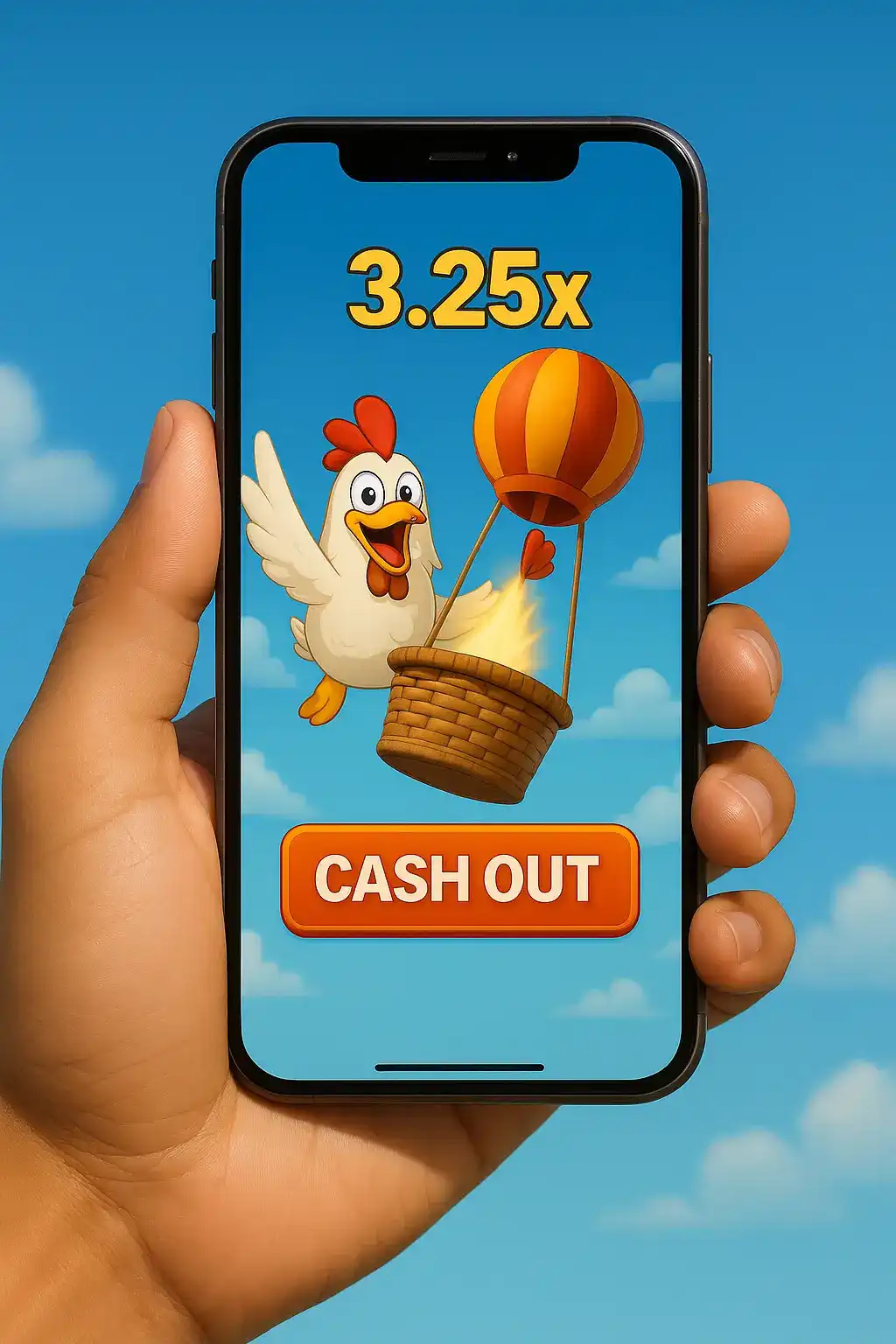 Close-up of phone in hand showing chicken with a hot air balloon and 3.25x cashout option on screen.