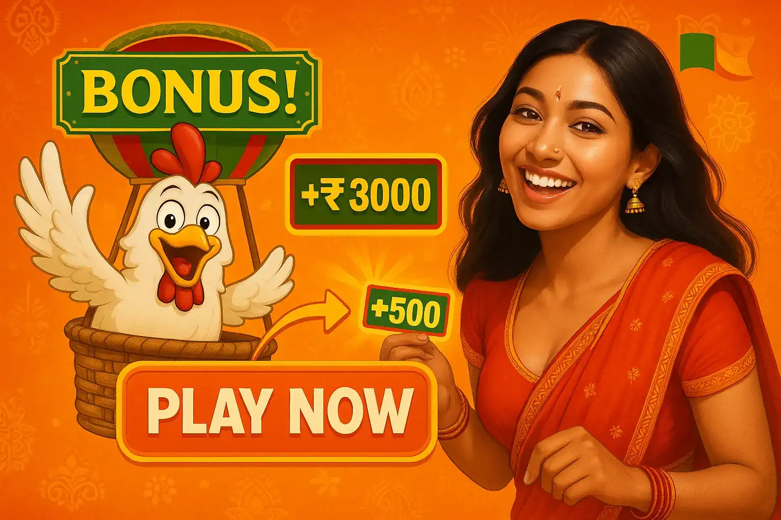 Smiling woman in traditional Indian attire with chicken in balloon and bonus offers of ₹3000 and ₹500.