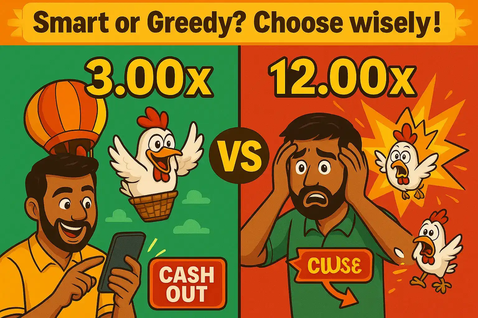 Cartoon comparison of smart player cashing out at 3.00x versus greedy player losing at 12.00x.
