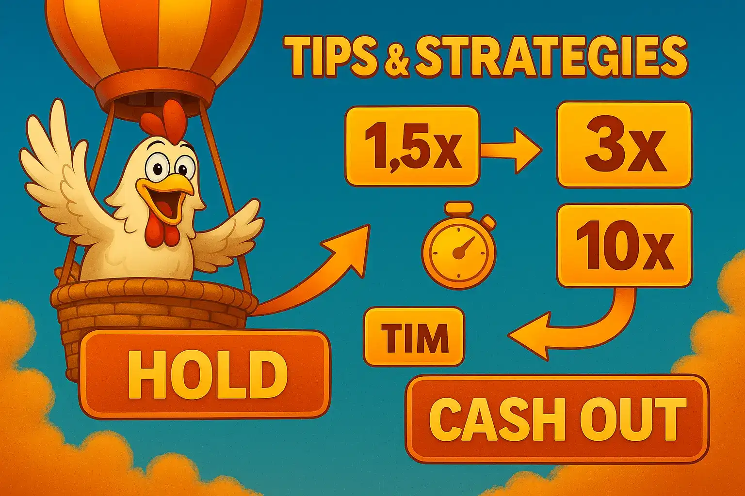 Chicken in a hot air balloon showing progression of multipliers from 1.5x to 10x with 'Hold' and 'Cash Out' options.