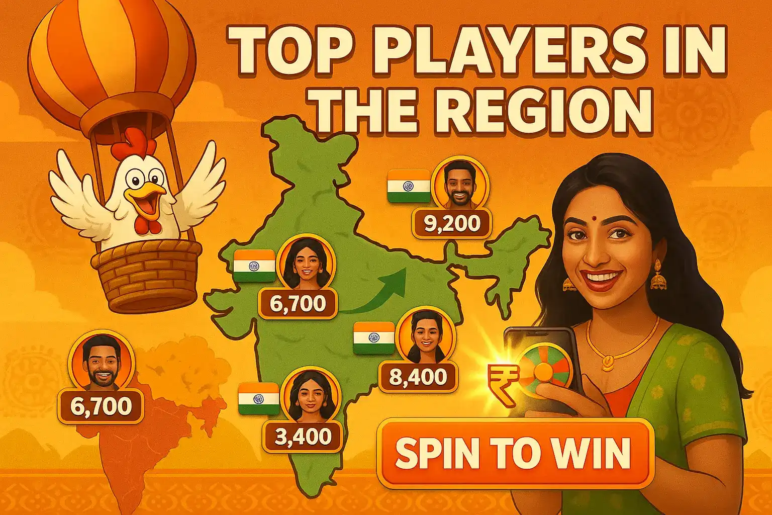 Illustrated map of India with top players' faces, scores, and a woman holding phone with 'Spin to Win' button.